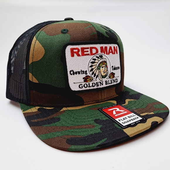 Red Man Tobacco Patch Richardson Flat Bill Mesh Trucker Snapback Hat Cap - Picture 3 of 4